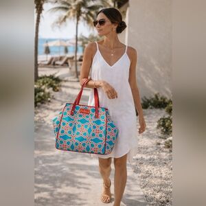 Kate Spade Blue Red Geometric Tote Bag Leather Trim Structured Shoulder Bag